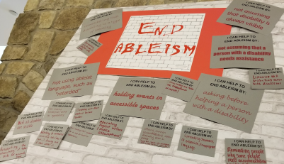 "End Ableism" wall where campus community members attached the cards about how they planned to End Ableism on campus <span class="cc-gallery-credit"></span>